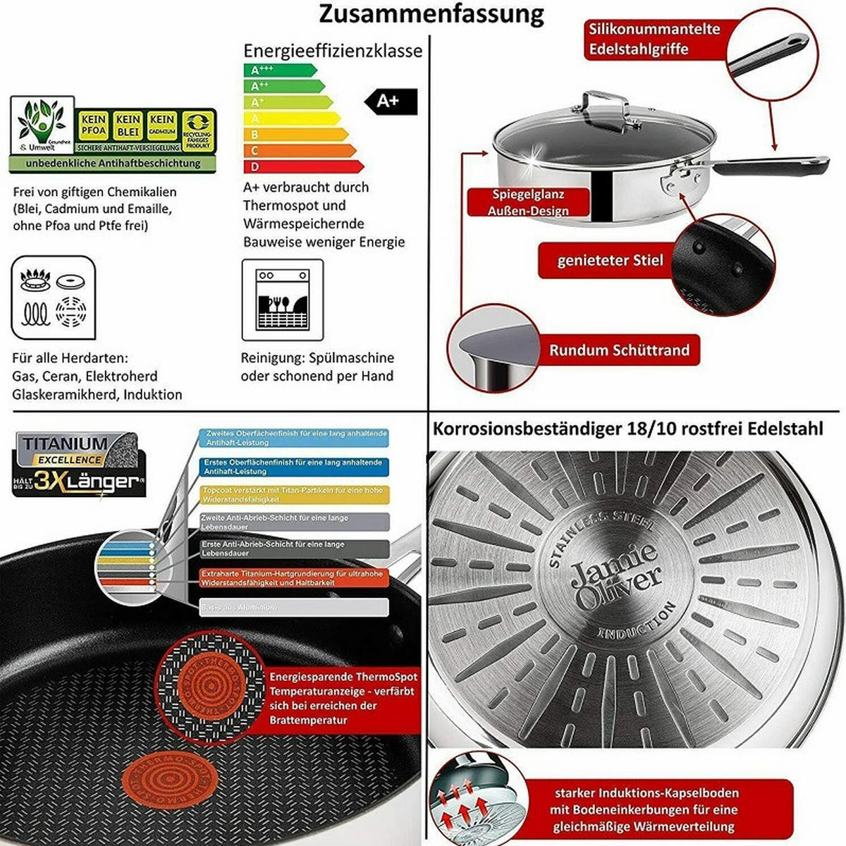 PFANNENSET -Jamie Oliver- 4-tlg, Pfanne 20+28cm, Schmorpfanne 25cm mit Glasdeckel, Bratpfanne Set, Induktion geeignet, Antihaftbeschichtet, Edelstahl - Silberfarben, Metall - Tefal