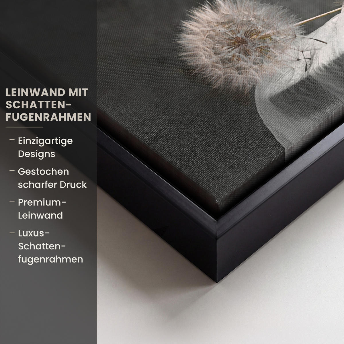 LEINWAND Bilder mit Rahmen - Blumensamen - Löwenzahn - Vase - Stilleben - Blumenstrauß - 40x30 - Dunkelgrau, Textil (40/30cm) - MuchoWow