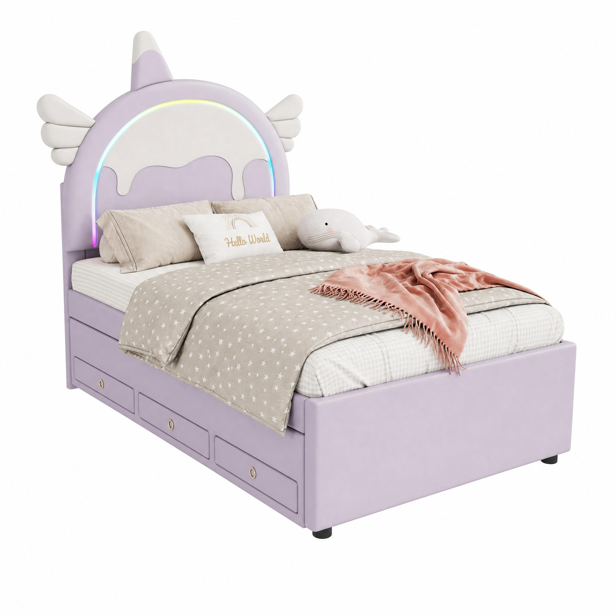 KINDERBETT in Einhornform mit ausziehbarem Rollbett 90x200 cm PU Violett - Lila, Holz (90/200cm) - Meubliv
