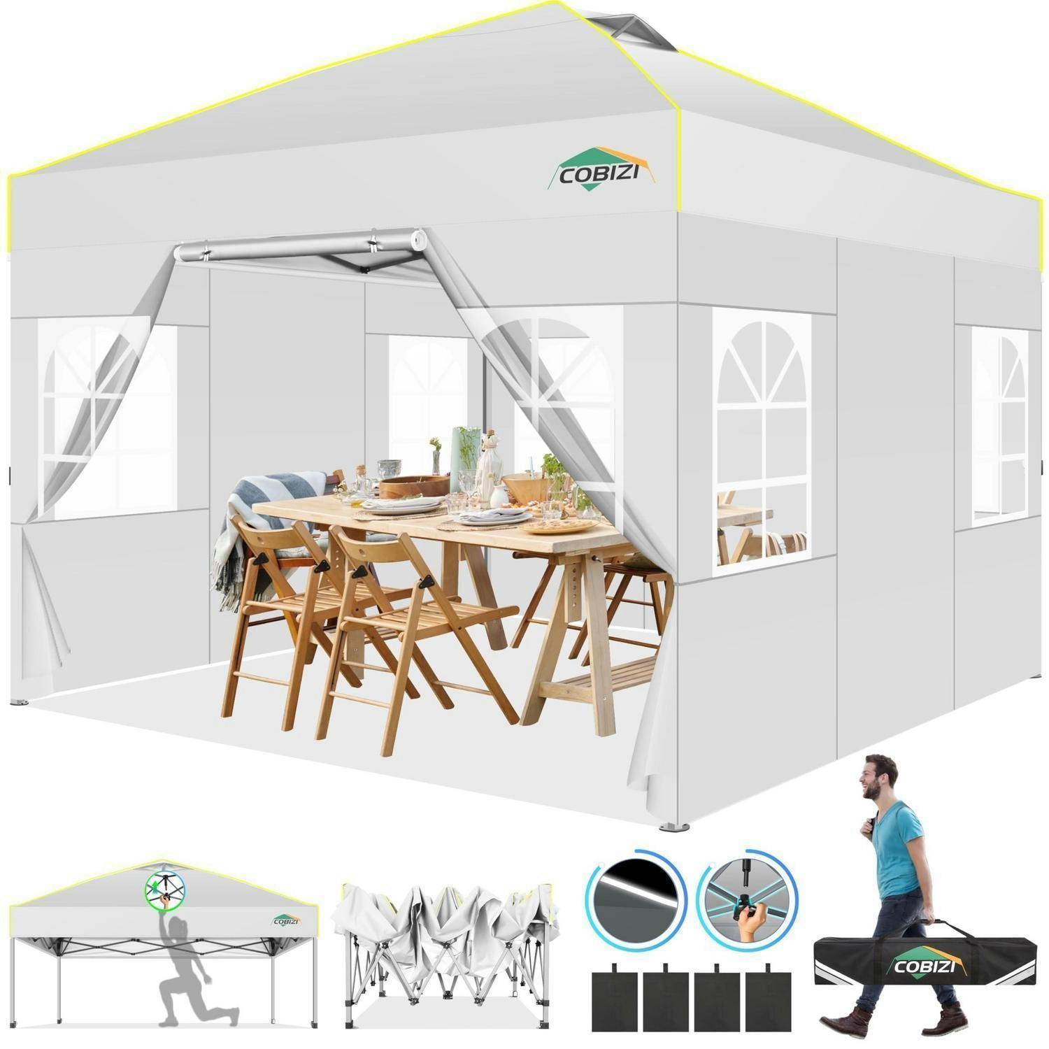 GARTENPAVILLON 3 x 3 m Weiß Wasserdicht mit 4 Seitenwänden - Weiß, Textil (300/192/300cm)