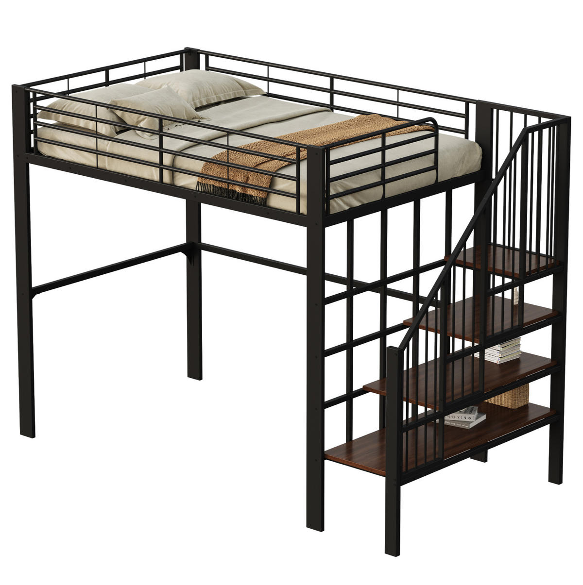 HOCHBETT 140/200 cm mit Treppe und Stauraum, stabile Metall- Holzwerkstoff-Konstruktion, Schwarz - Schwarz, Metall (140/200cm) - Redom