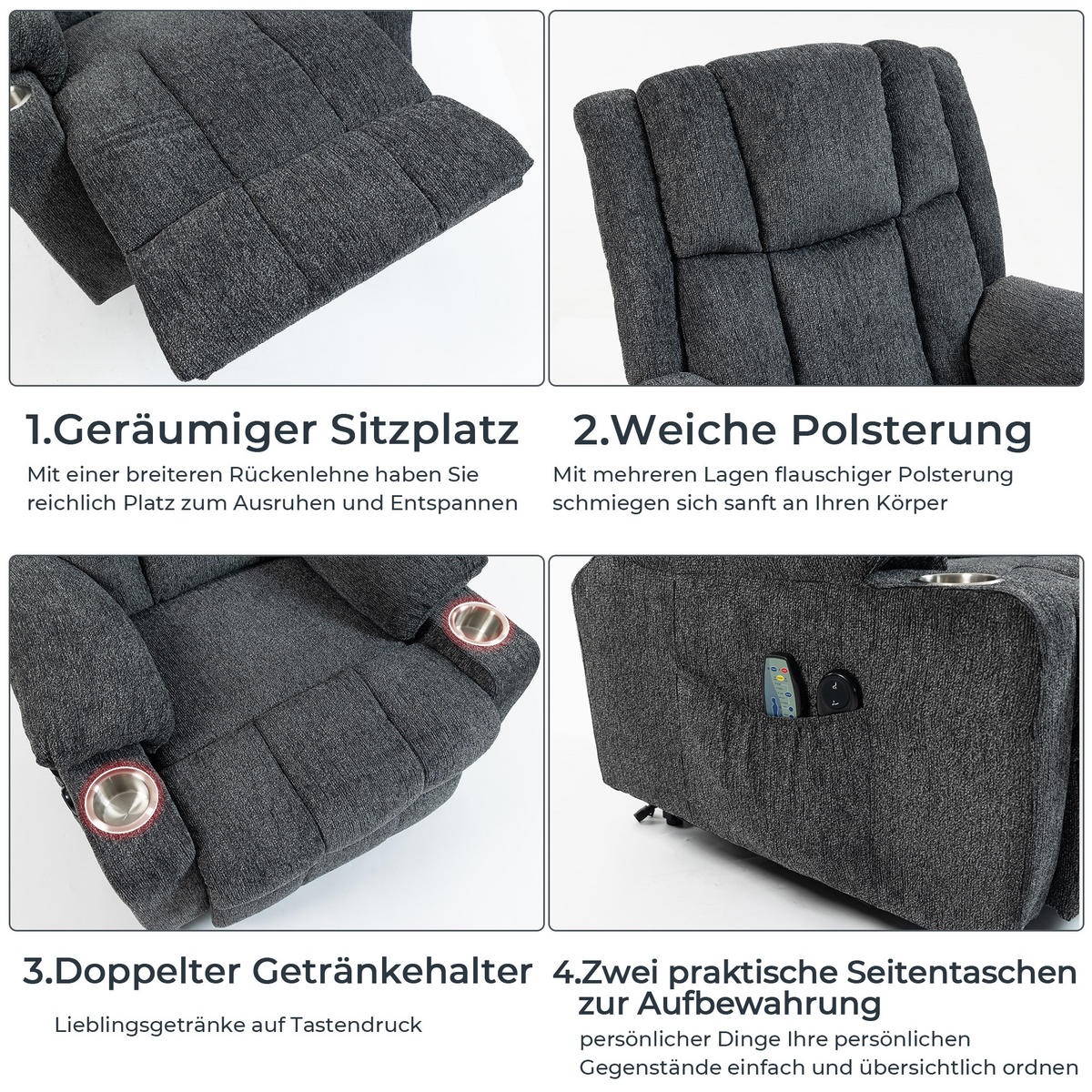 ELEKTRISCHER Relaxsessel Samt mit Aufstehhilfe, Massage, Wärme 91/84/106 cm Dunkelgrau - Dunkelgrau, Textil (84/106/91cm) - Redom
