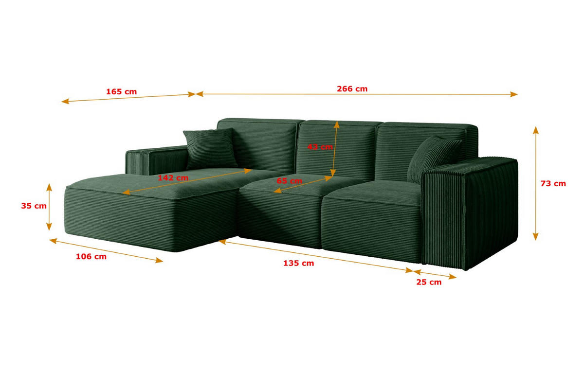 ECKSOFA Ottomane Rechts SERRA-L - 266x165x73 cm Grün Cord - Schwarz/Grün, Holzwerkstoff/Kunststoff (266/165cm) - ALTDECOR