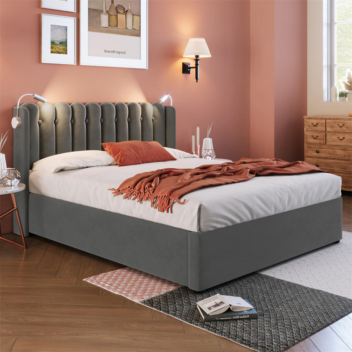 POLSTERBETT 140/200 cm in Grau Samt mit Matratze - Grau, Holz/Textil (140/200cm) - KOMHTOM