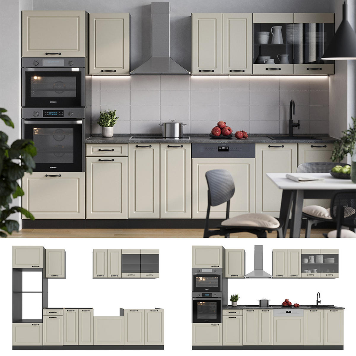 KÜCHENZEILE R-Line, Sand Landhaus/Anthrazit, 300 cm Arbeitsplatte Marmor - Beige/Anthrazit, Holzwerkstoff (300/206.8/60cm) - Vicco