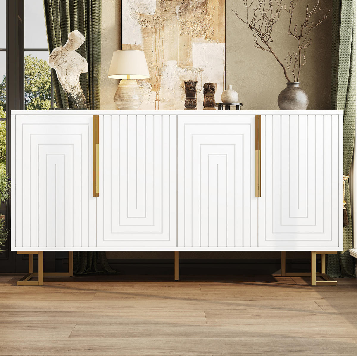 KOMODA z MDF 152x40x75 cm bílá se 2 dvířky, 4 přihrádkami a geometrickým čelem - bílá, kompozitní dřevo (152/75/40cm) - Modfu