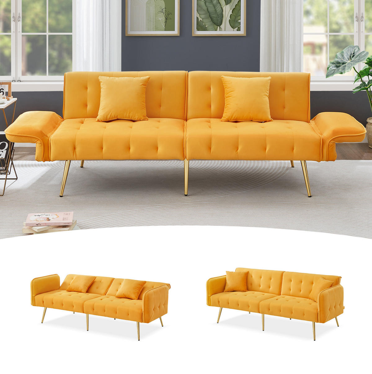 SOFABETT 2-in-1 mit Schlaffunktion 215 x 81,5 cm Velours Yellow - Gelb, Kunststoff (178/70/82cm) - Meubliv