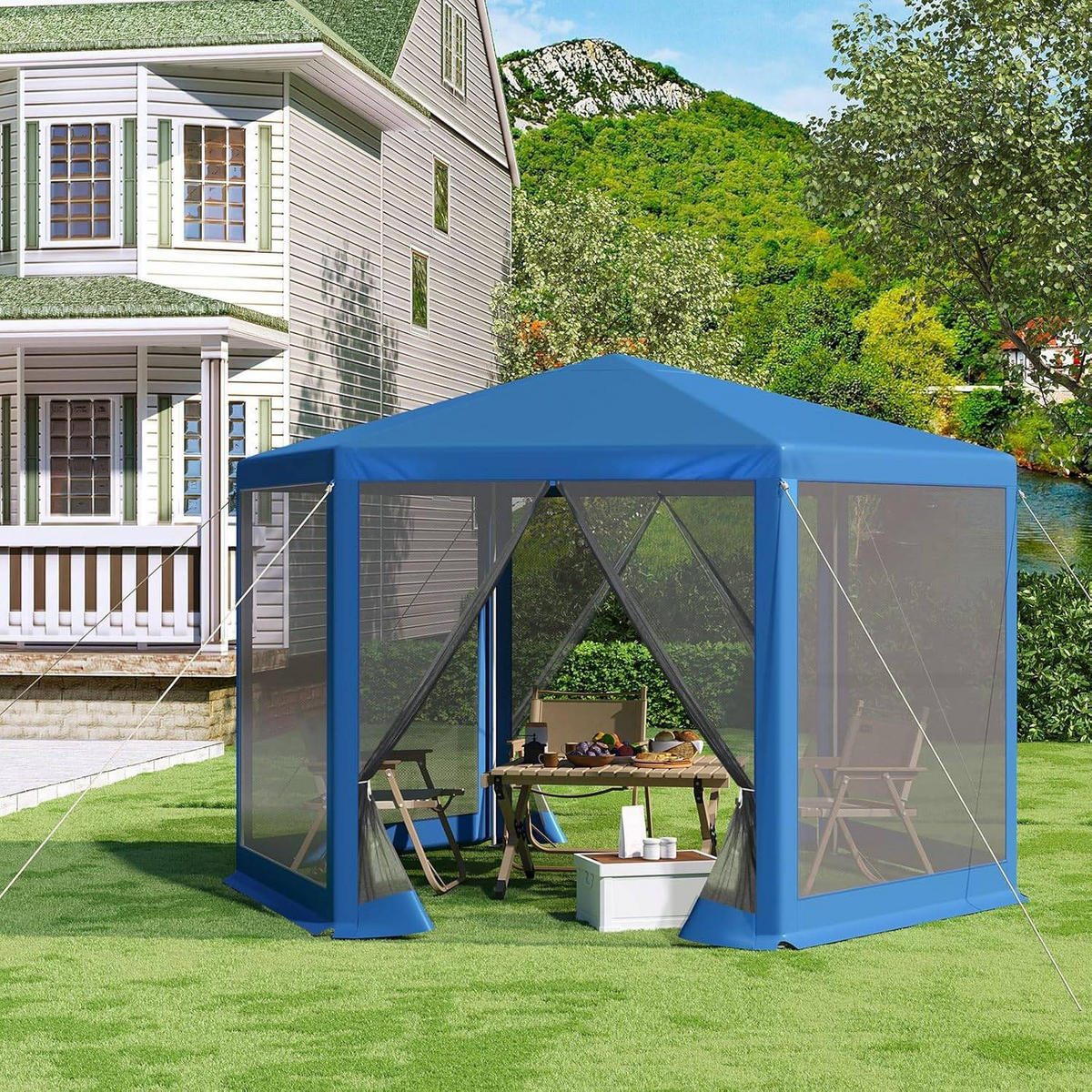 PAVILLON 3,8x3,3 m seckeckig, Gartenpavillon mit Seitenwänden Moskitonetz - Blau, Metall (380/250/330cm) - Woltu