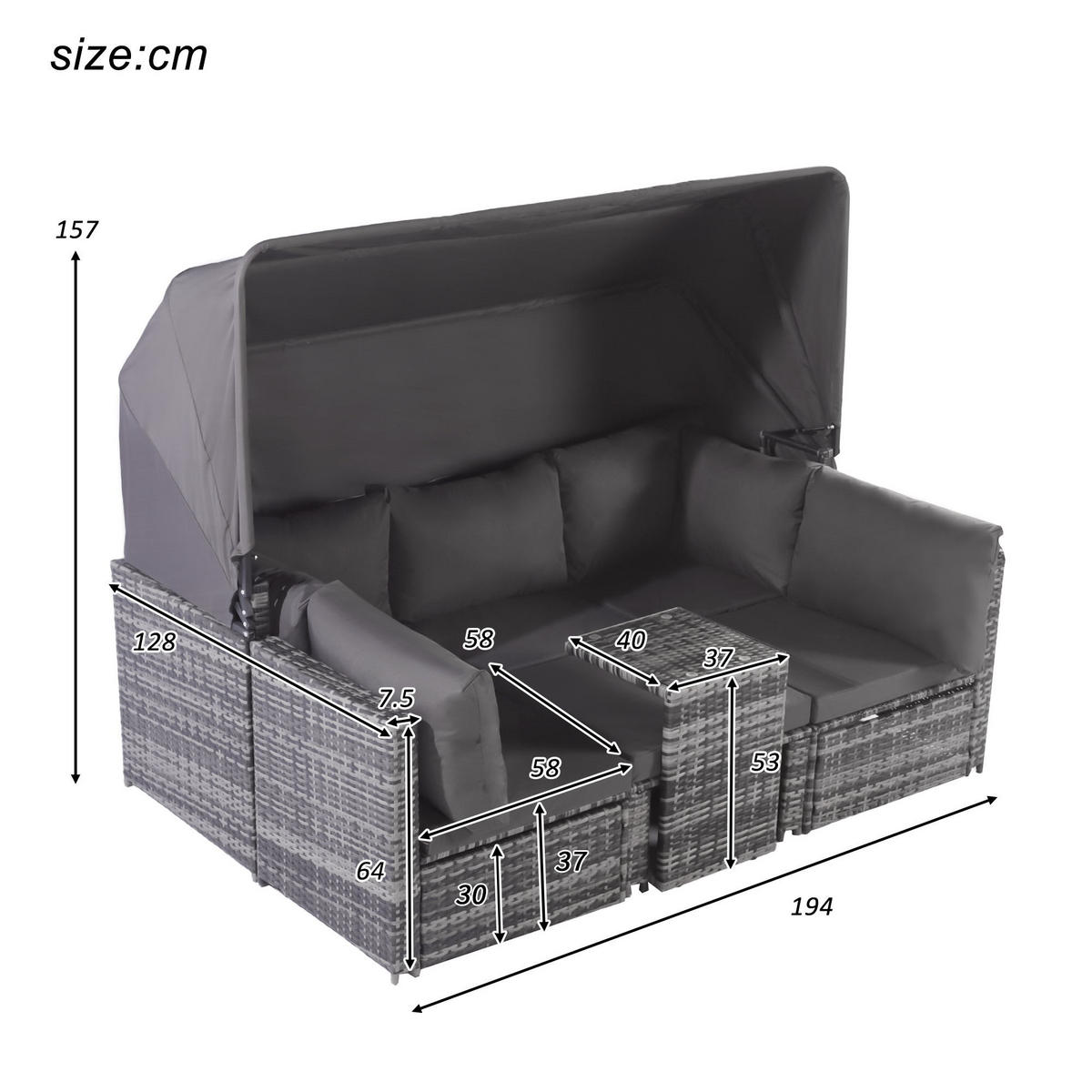 GARTENLOUNGE-SET mit Sonnendach, Wetterfest - grau - Grau, Metall - KOMHTOM