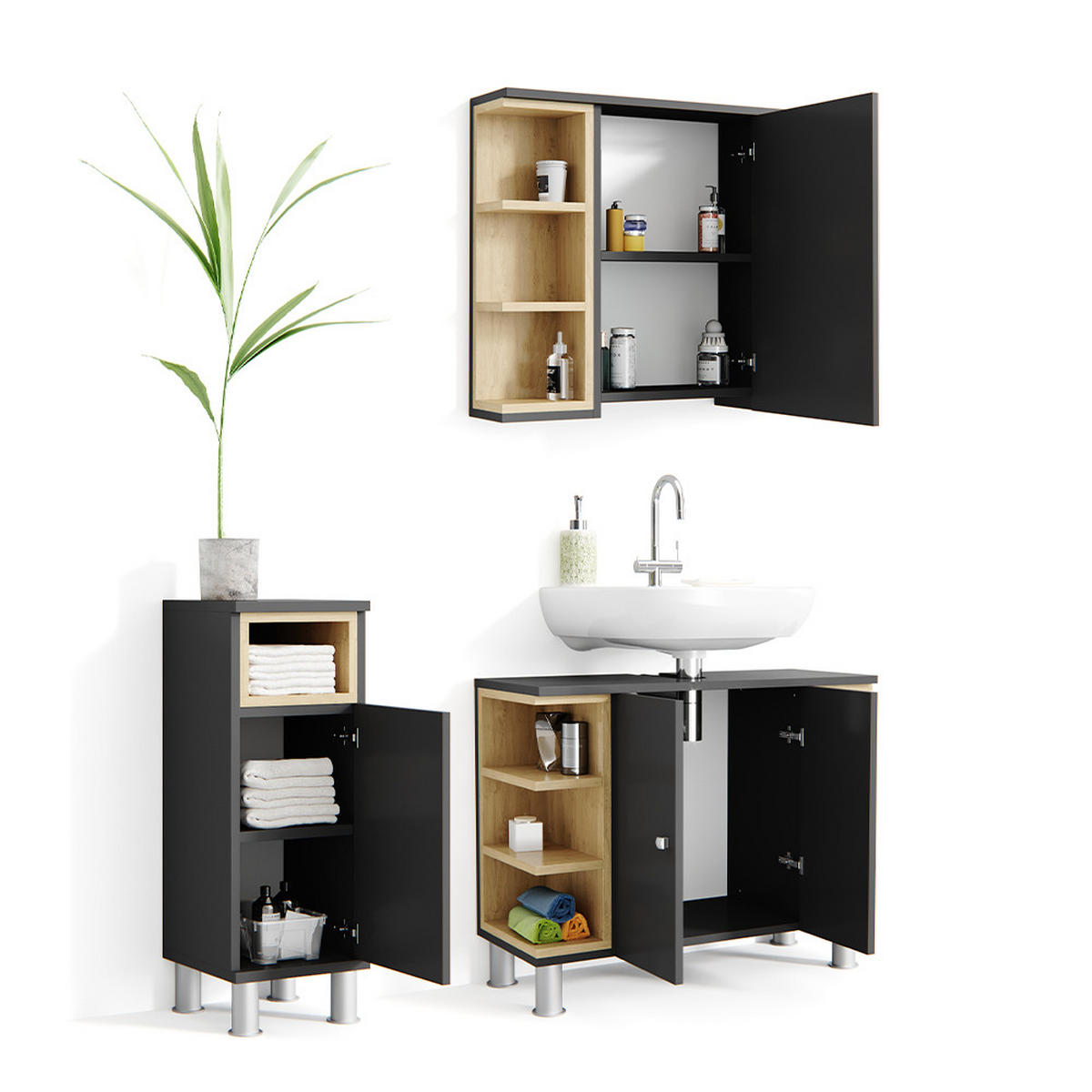 BADMÖBEL-SET Aquis Anthrazit 3 Teile - Anthrazit/Sonoma Eiche, Holzwerkstoff (79.6/64/32cm) - Vicco