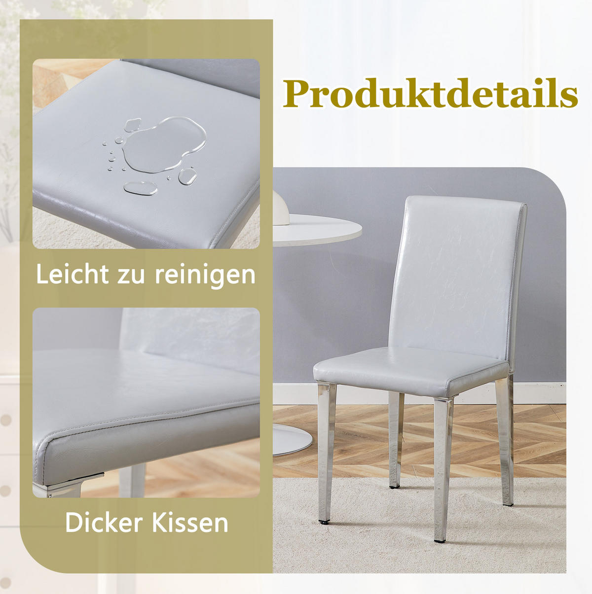 ESSZIMMERSTUHL 4er-Set PU-Bezug Metallbeine Hellgrau Silber - Hellgrau, Metall (47/90/41cm) - Meubliv