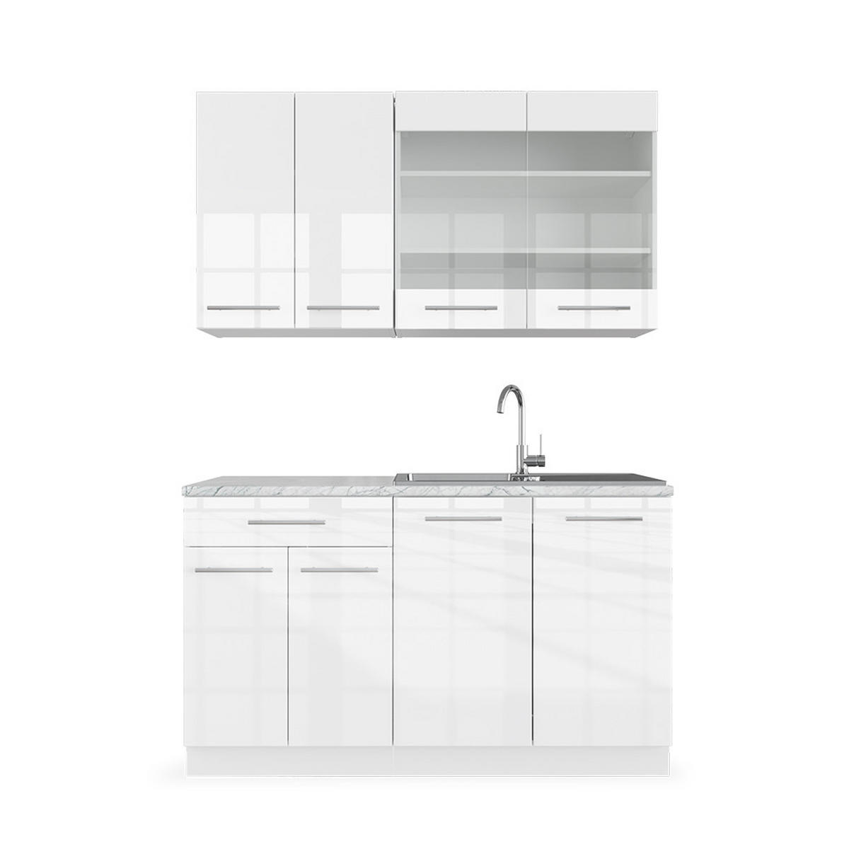 SINGLEKÜCHE Fame-Line Weiß Hochglanz/Weiß 140 cm, AP Marmor - Weiß Hochglanz/Weiß, Holzwerkstoff (140/81.6/60cm) - Vicco