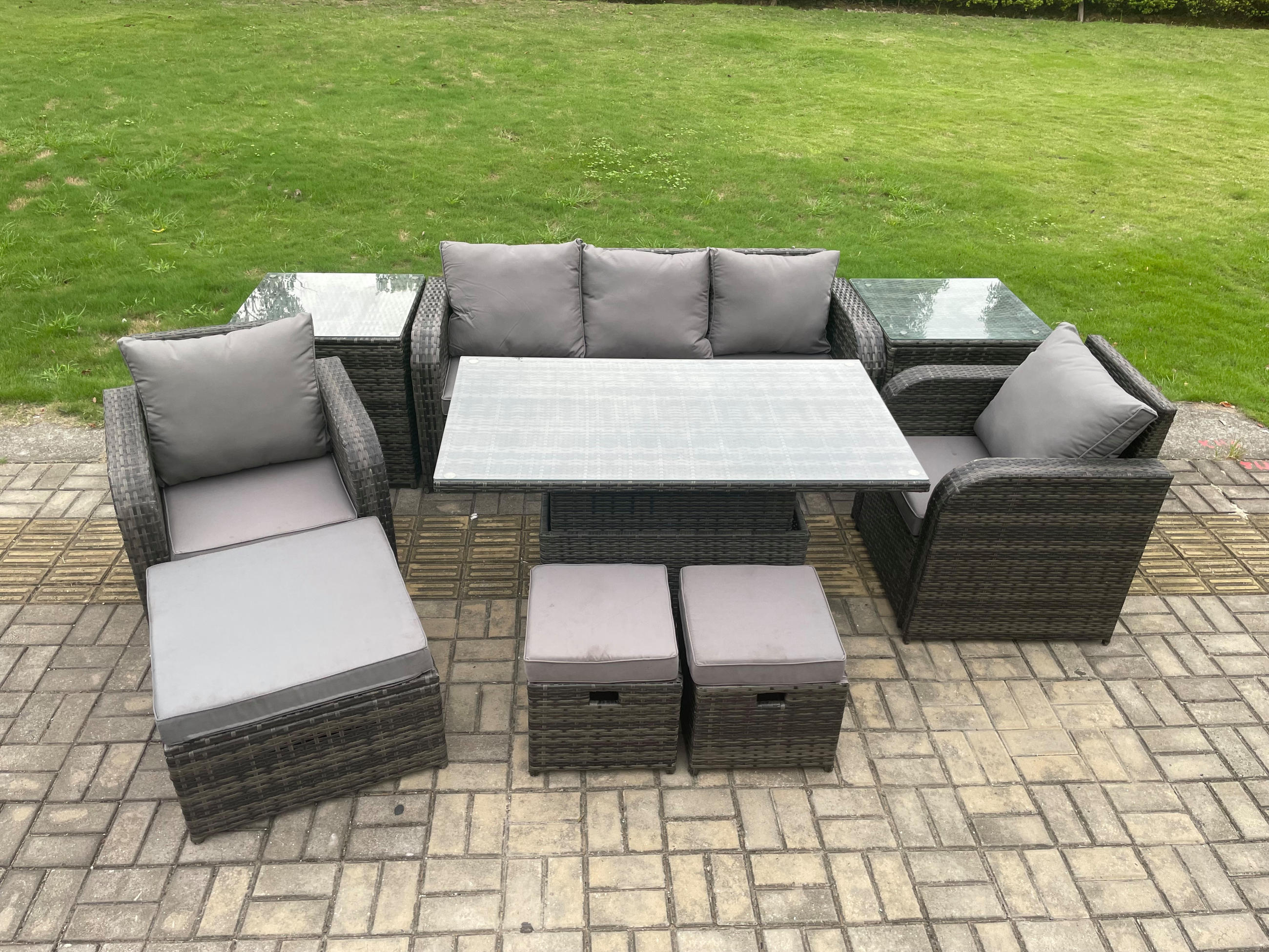 LOUNGESOFA Polyrattan 8-Sitzer - Dunkelgrau/Grau, Glas/Kunststoff - Fimous
