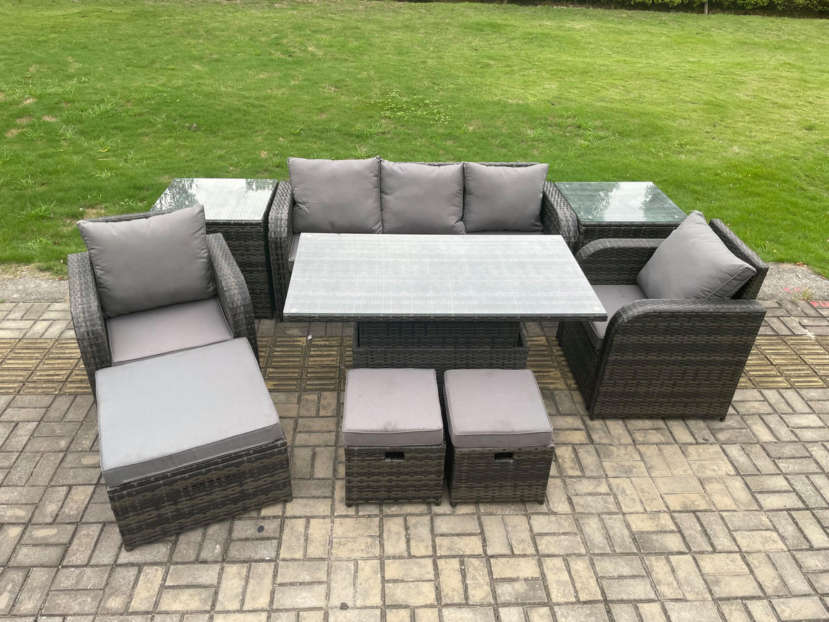LOUNGESOFA Polyrattan 8-Sitzer - Dunkelgrau/Grau, Glas/Kunststoff - Fimous