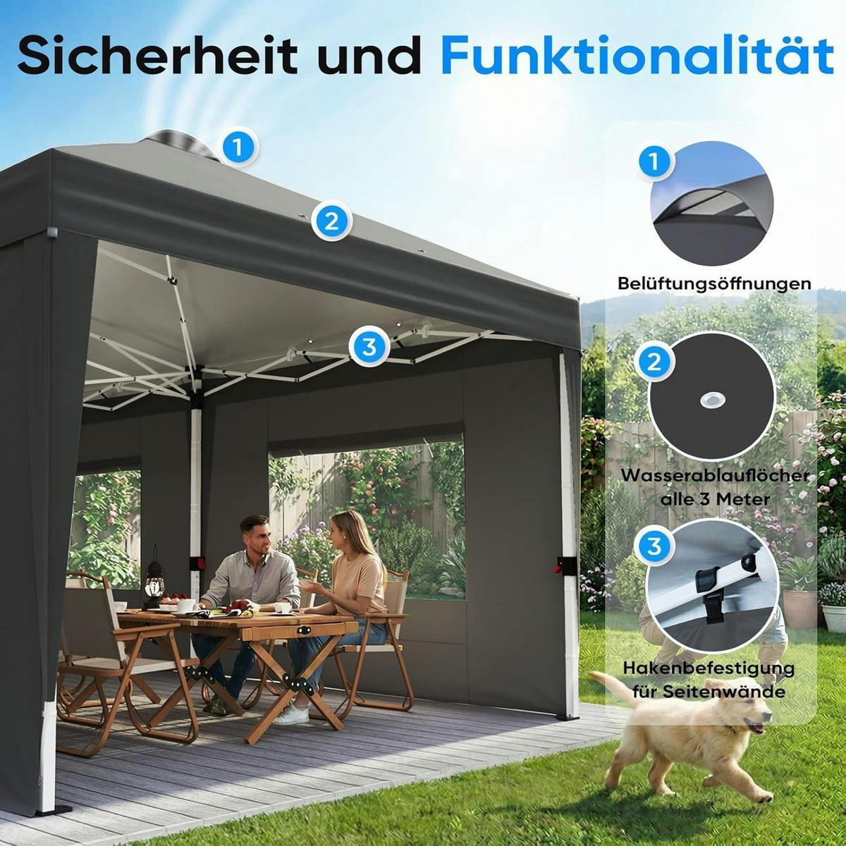 FALTPAVILLON 3x6m mit Seitenwänden und Insektenschutz Grau - Grau, Textil (585/285/293cm)