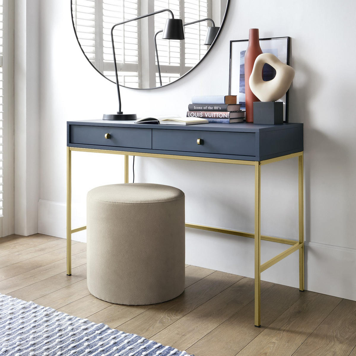 KONSOLENTISCH BARI T2SZ (Blau, Goldene Griffe, Goldenes Gestell, Schubladen) - Goldfarben/Dunkelblau, Holz/Holzwerkstoff (50/104/78cm) - Ravio