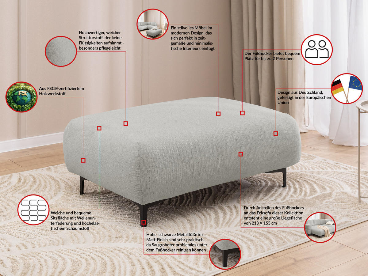 ECKSOFA inkl. Hocker Cardea mit Schlaffunktion in Bubble-Optik aus weichem Hellgrau Strukturstoff und hohem Sitzkomfort - Ottomane links - Hellgrau/Schwarz, Holz/Textil (170/230cm) - S-Style Möbel