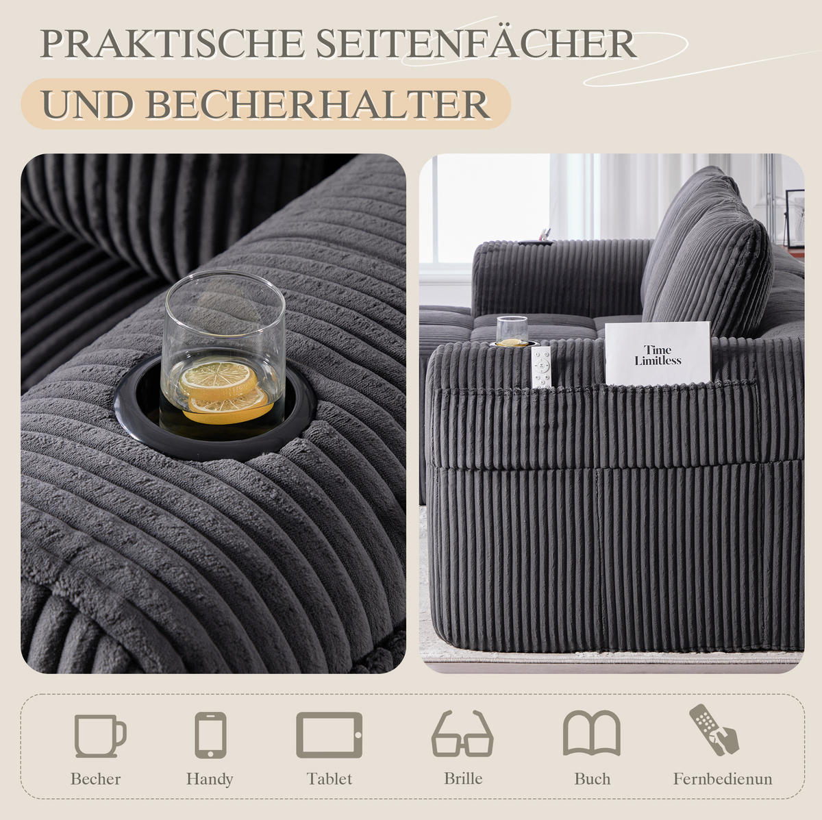 KOMPAKTSOFA Cord mit Modulsystem und Becherhalter 253/158/61 cm Dunkelgrau - Dunkelgrau, Textil (158/253cm) - Redom
