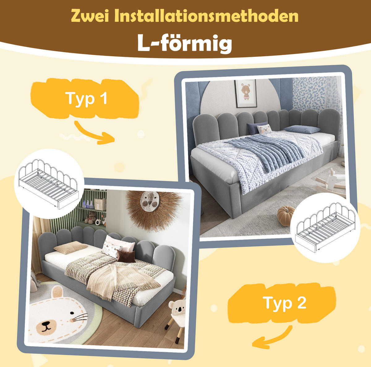 KINDERBETT Polsterbett 90/200 cm aus Samt mit ausziehbarem Gästebett Grau - Grau, Textil (90/200cm) - Modenvie
