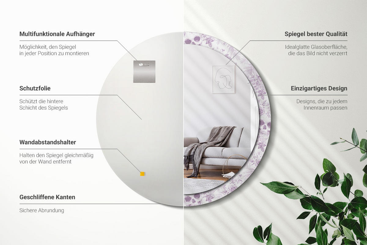 SPIEGEL Rund Ø 100 cm mit Aufdruck - Violett, Glas (100/100/0.4cm) - Wallfluent