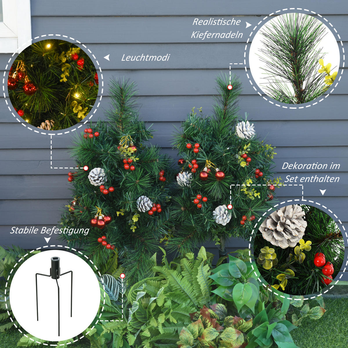 2-ER Set Weihnachtsbäume Mini Künstlicher Christbaum mit rote Beere LED IP44 - Grün, Kunststoff (75cm) - HOMCOM