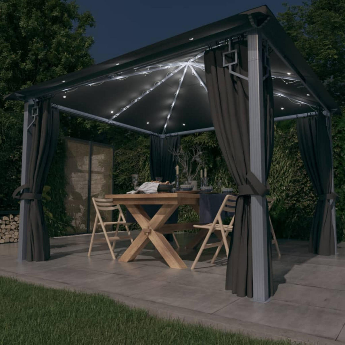 GARTENPAVILLON mit Vorhängen und LED-Lichterkette, 3/3/2,7 m, aus Aluminium, Anthrazit - Anthrazit, Textil (300/270/300cm) - vidaXL