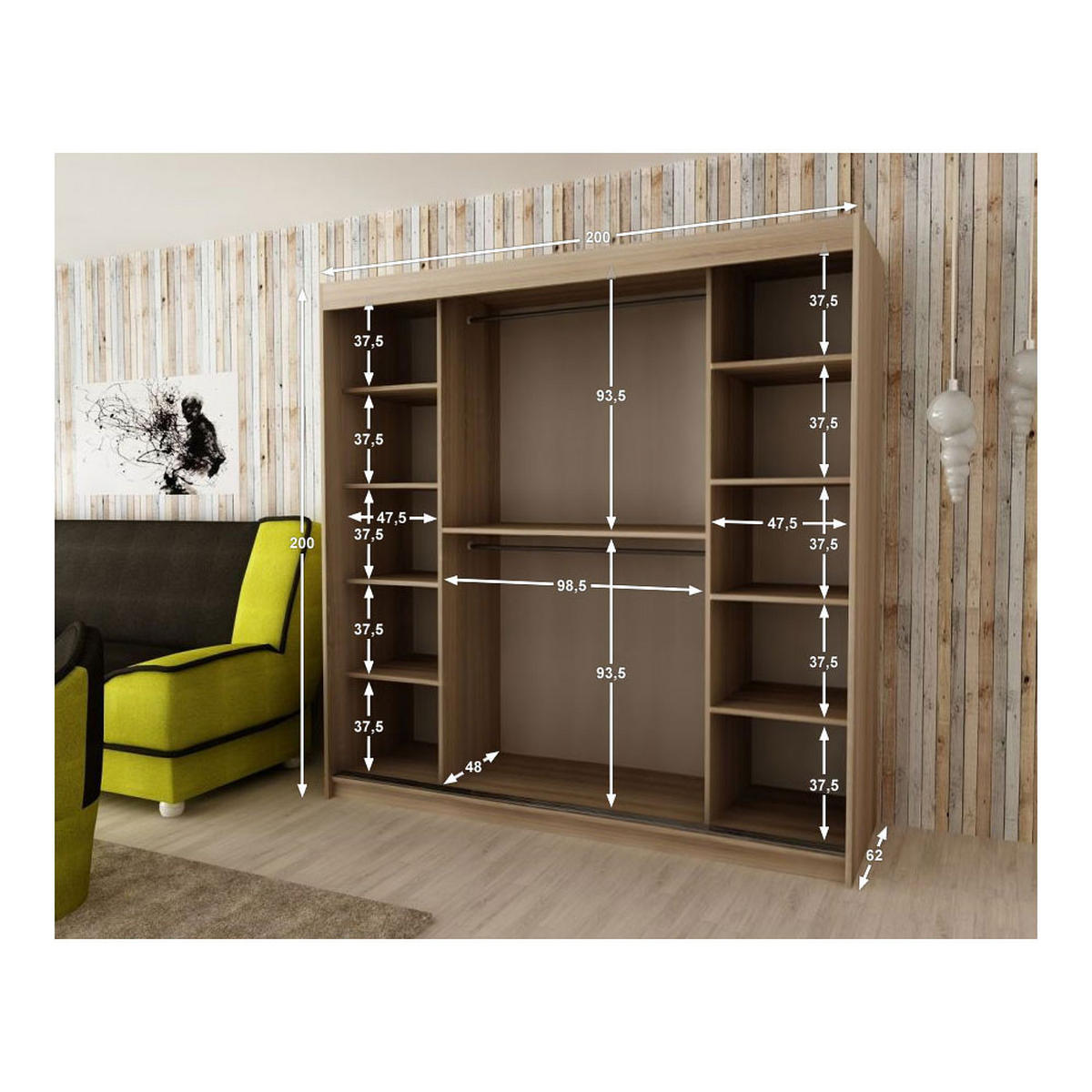 SCHIEBETÜRENSCHRANK Boliwia Sonoma Eiche 200 / 62 / 200cm - Eichefarben/Grau, Holz/Holzwerkstoff (200/200/62cm) - Feldmann-Wohnen