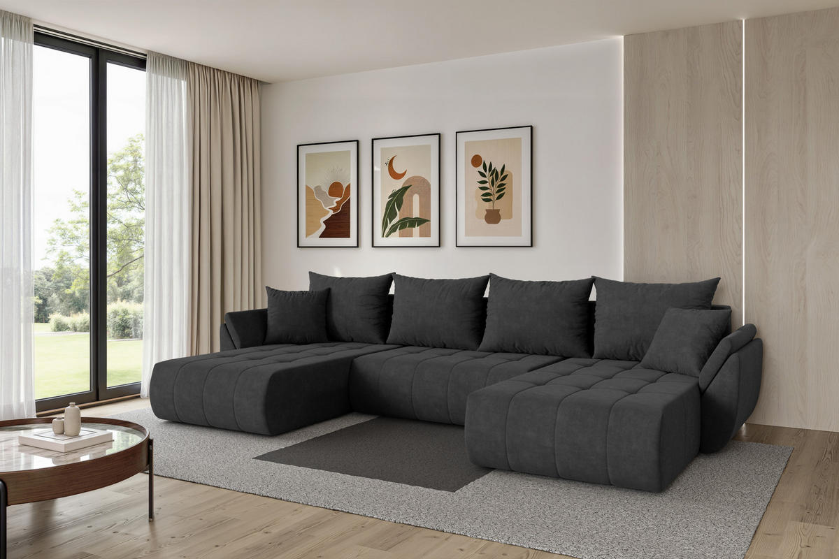 SEDACÍ SOUPRAVA DO U s funkcí spaní a úložným prostorem TOKO-U 378x194x86 tmavě šedá velur - černá/antracitová, kompozitní dřevo/textil (378/86/194cm) - ALTDECOR