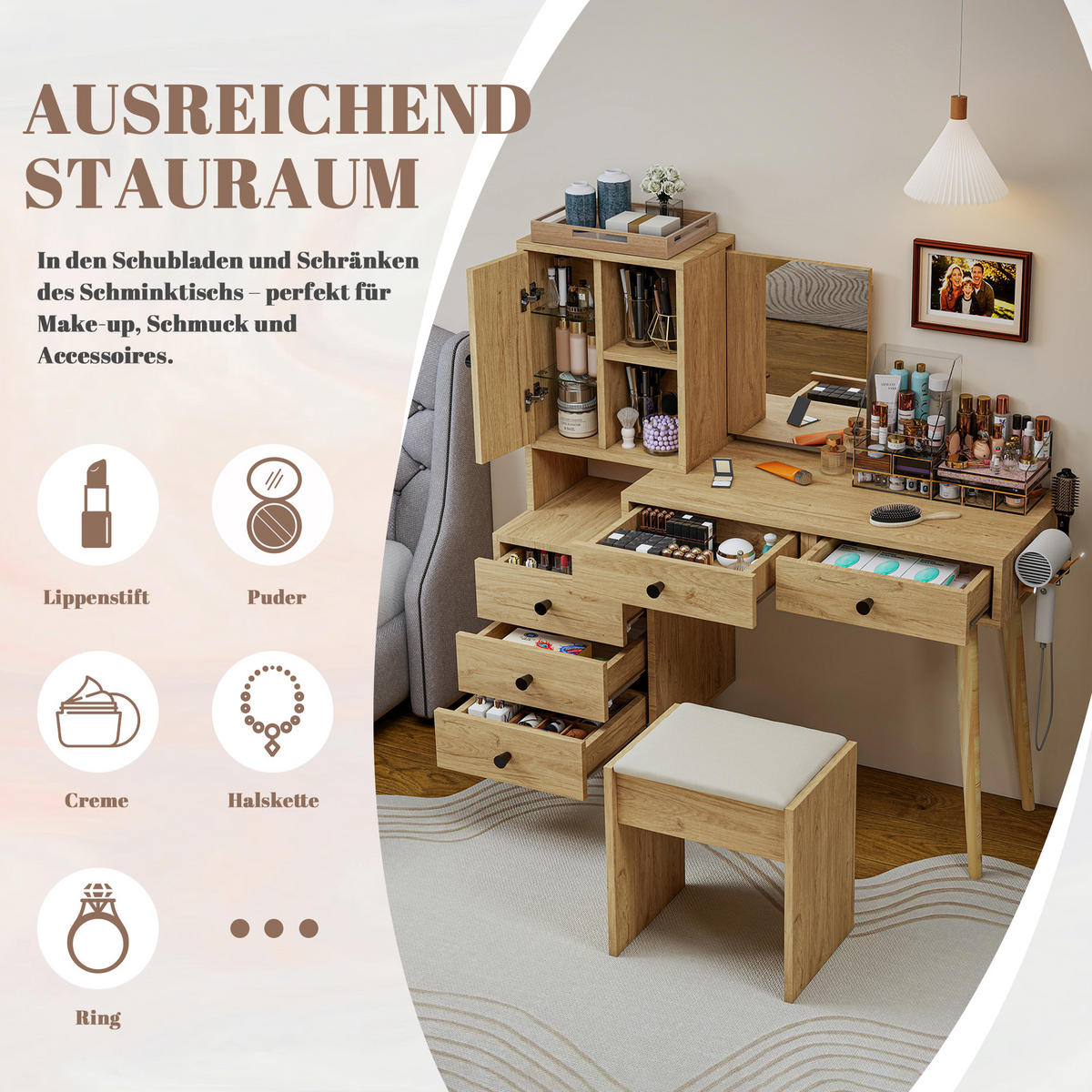 SCHMINKTISCH Set mit Spiegel und Hocker, Frisiertisch ausziehbar, Kosmetiktisch skandinavisch, 84x40x120 cm - Eichefarben/Beige, Glas/Holzwerkstoff (84/120/40cm) - LVHOM