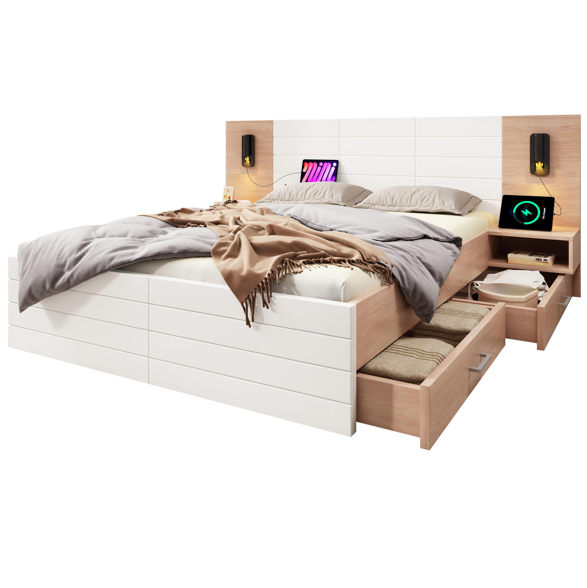 OKWISH DVOULŮŽKO 140/200 cm bílé v dekoru světlého dubu z masivu a MDF s matrací USB a zásuvkami