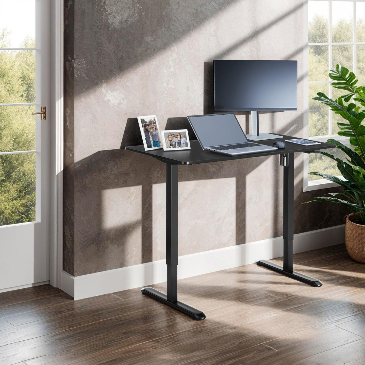SCHREIBTISCH elektrisch höhenverstellbar Skadi, 120 x 60 x 73, 5 - 118 cm, schwarz - Schwarz, Textil (60/120/118cm) - tectake