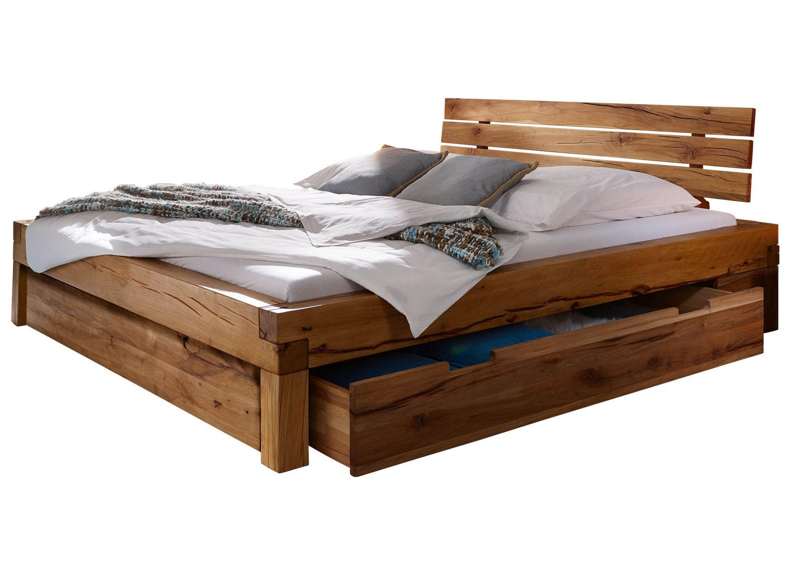 BETT Massivholz Wildeiche 140 x 200 x 85 natur BALKENMÖBEL #401 - Braun, Holz (140/200cm) - Massivmoebel24