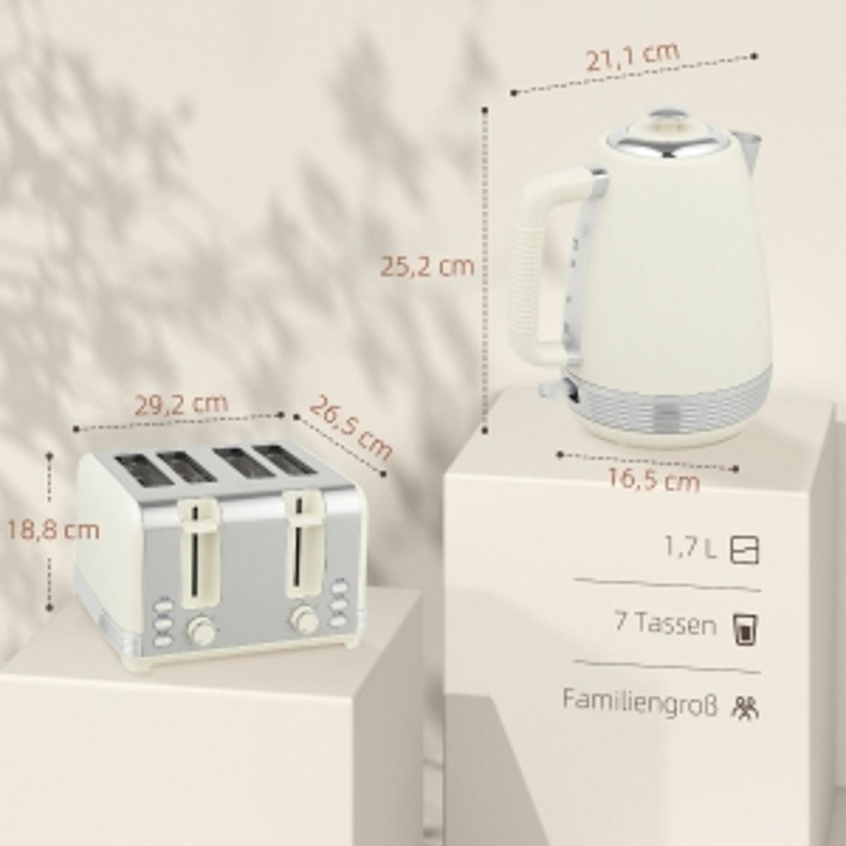 WASSERKOCHER-TOASTER SET Creme Edelstahl 1,7 L 2200W - Creme, Kunststoff (16.5/25.2/21.1cm) - Rolipo