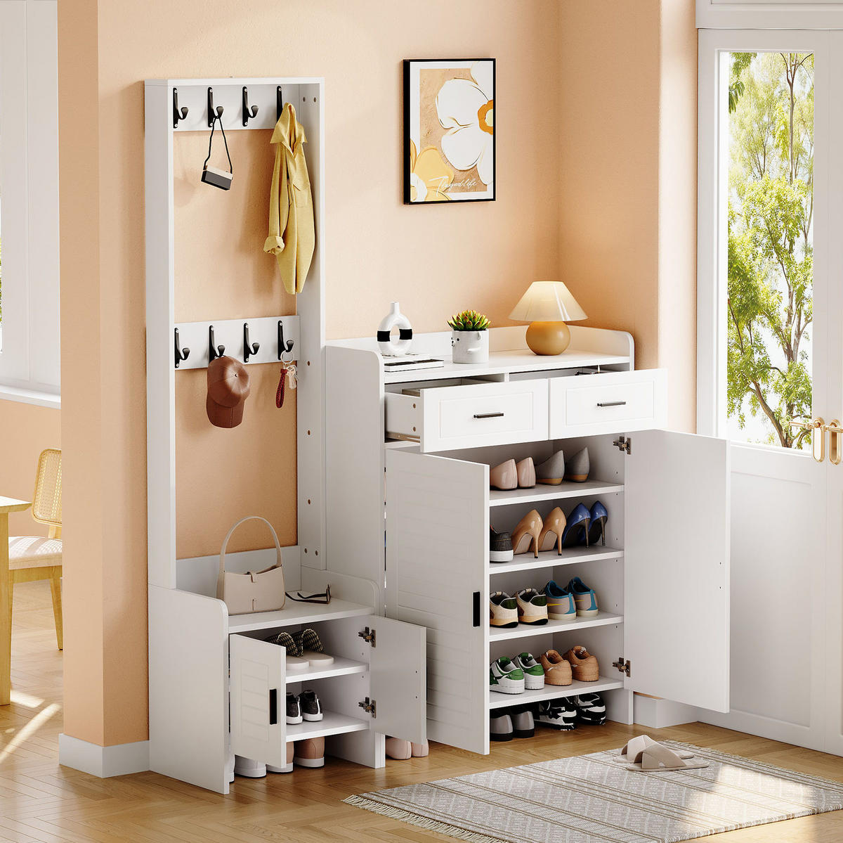 GARDEROBE 125/36/165 cm Weiß aus MDF mit 8 Haken und 10 Fächern - Weiß, Holzwerkstoff (32/165/125cm) - OKWISH
