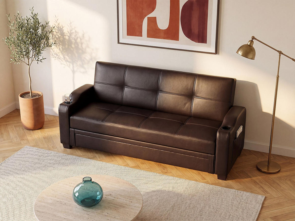 SCHLAFSOFA - 3 Personen - kunstleder - schokoladenbraun Mirella - Braun, Leder (197/83/89cm) - Vente-Unique
