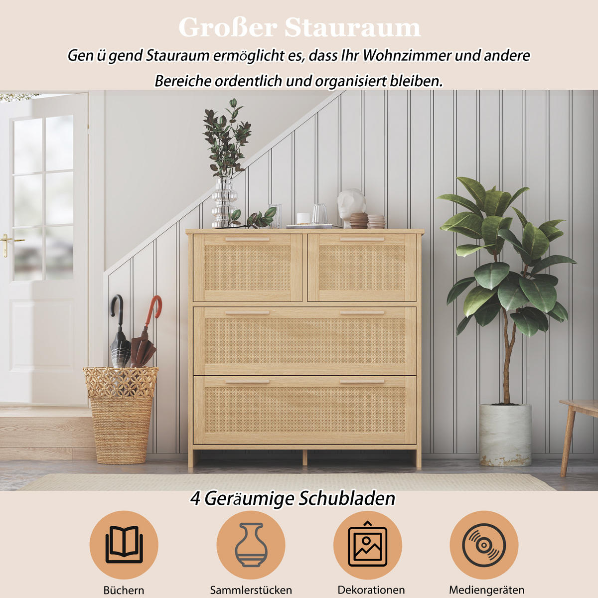 KOMODA s ladicama u izgledu ratana, 80/80/38 cm, MDF, prirodna boja - prirodne boje, drvni materijal (38/80/80cm) - Modenvie