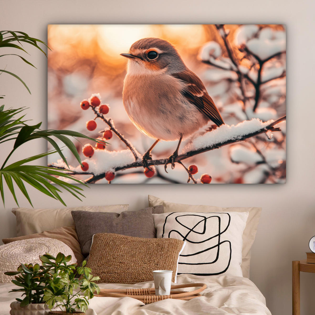 LEINWANDBILD Vogel - Zweig - Winter - Tiere - Schnee Wohnzimmer 120x80 cm - Bernsteinfarben, Textil (120/80cm) - MuchoWow