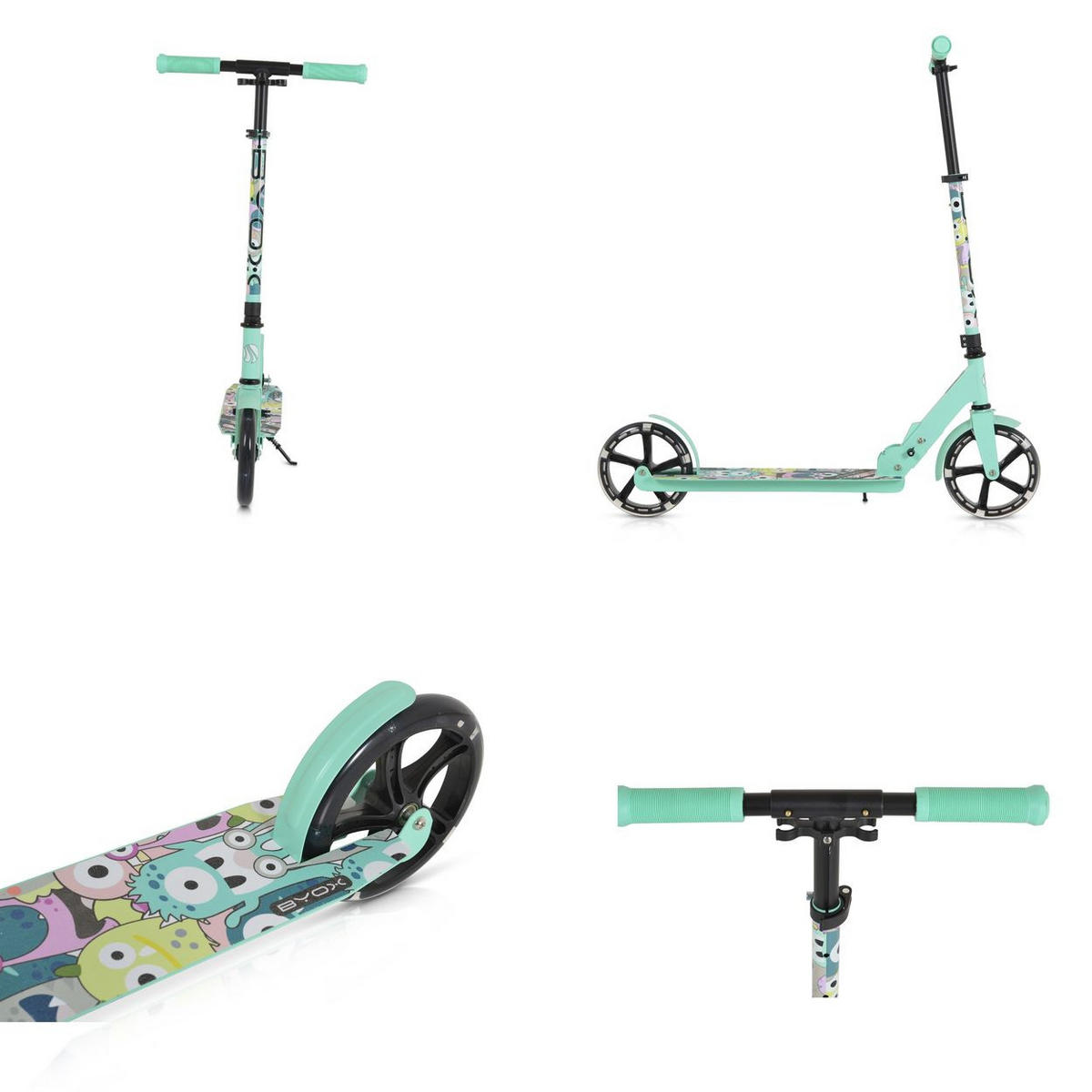 KINDERROLLER Monster grün PU-Leuchträder, ABEC-7, Seitenständer, klappbar, 100 kg, ab 6 Jahre - Grün, Metall (90/40/77cm)