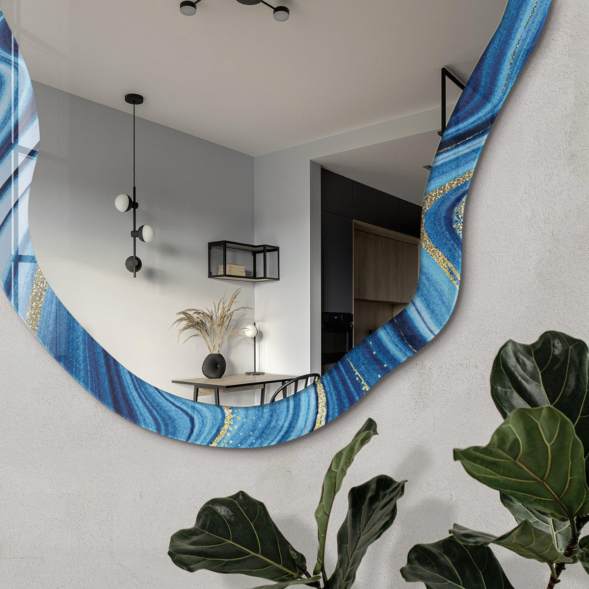 SPIEGEL 90x45 cm asymmetrisch mit Druck - Blauer Marmor - Transparent, Glas (45/90/0.4cm) - TULUP