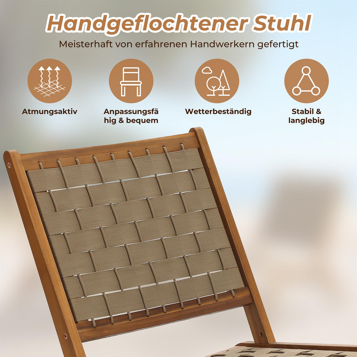 77CM Outdoor-Ess- und Terrassenstuhl ohne Armlehnen aus Akazienholz mit geflochtener Rückenlehne und Sitzfläche - Ahornfarben, Holz (75.5/77/54cm)