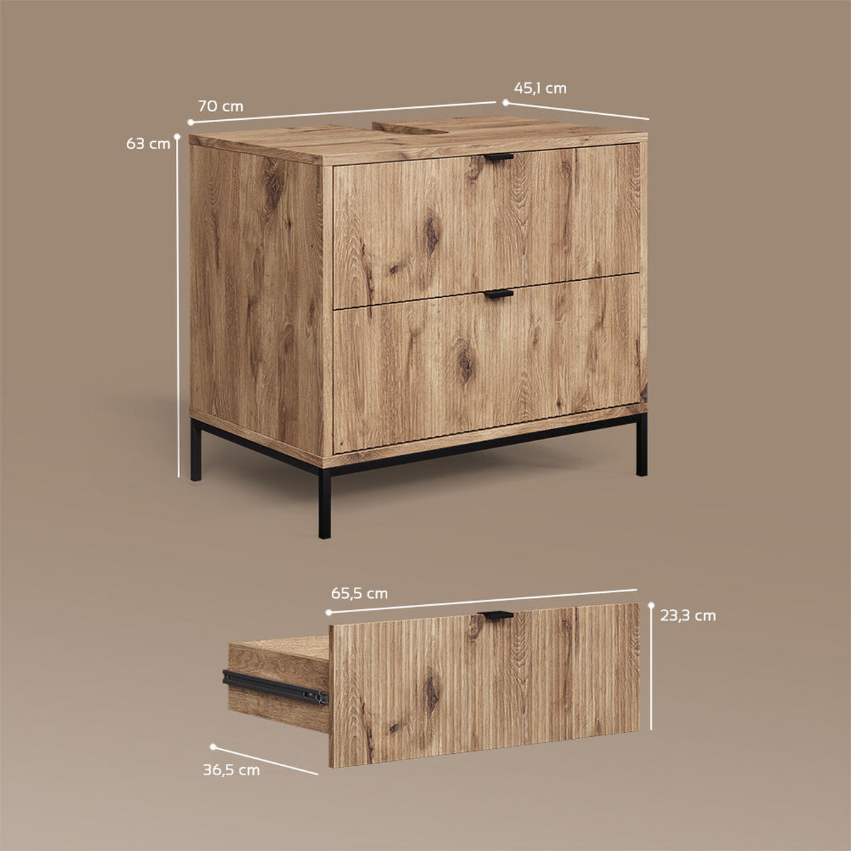 WASCHBECKENUNTERSCHRANK Aterno Viking Oak 70 x 63 cm mit 2 ausziehbaren Schubladen - Eichefarben, Holzwerkstoff (70/63/45.1cm) - Livinity®