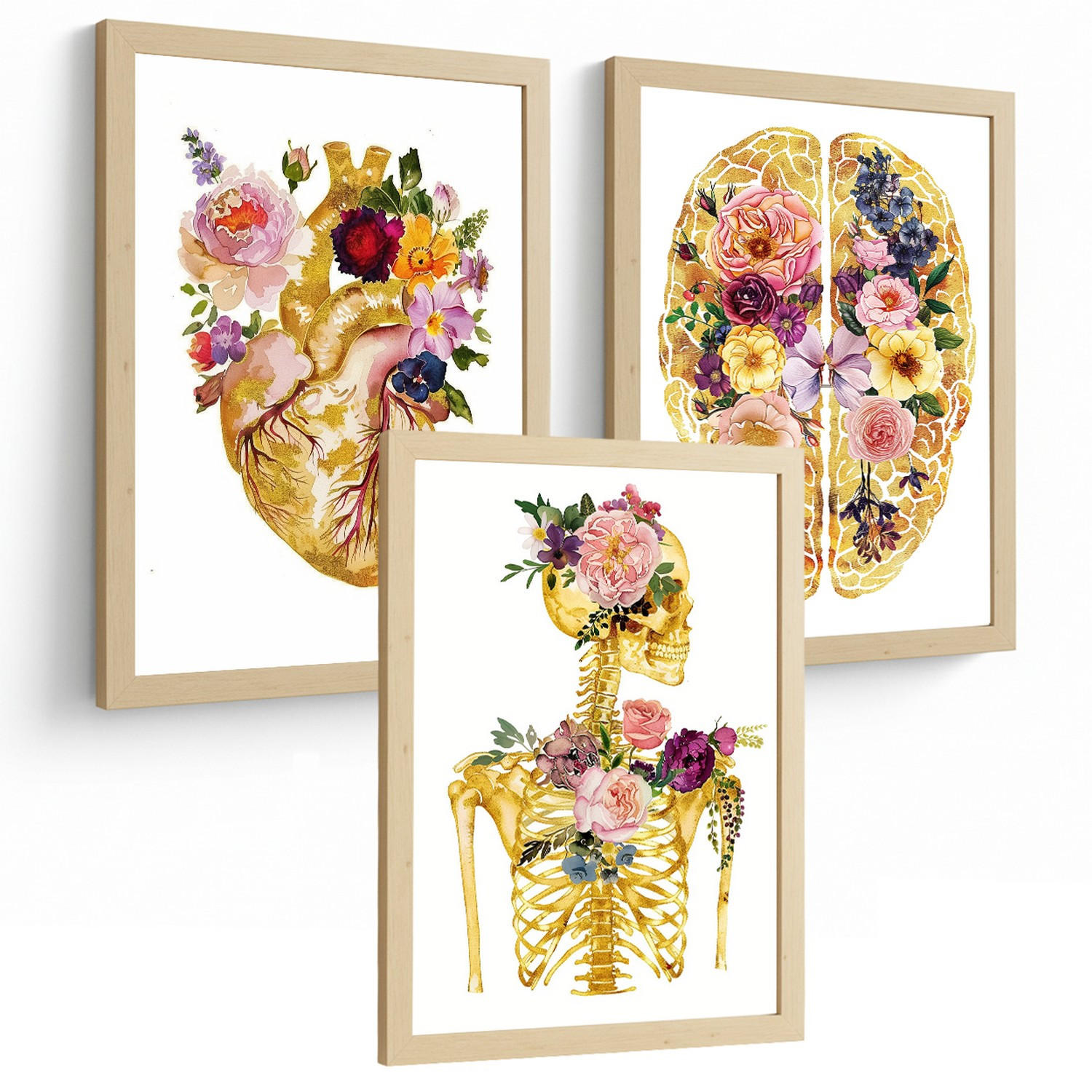 POSTER Set aus 3 Anatomie Mensch Drucke und Wandbilder mit Herz Gehirn und Skelett Goldenes Florales Design Wanddekoration Größe Rahmenlos A3 - Klar, Papier (29.7/42/3cm) - Nacnic