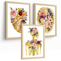 POSTER Set aus 3 Anatomie Mensch Drucke und Wandbilder mit Herz Gehirn und Skelett Goldenes Florales Design Wanddekoration Größe Rahmenlos A3 - Klar, Papier (29.7/42/3cm) - Nacnic