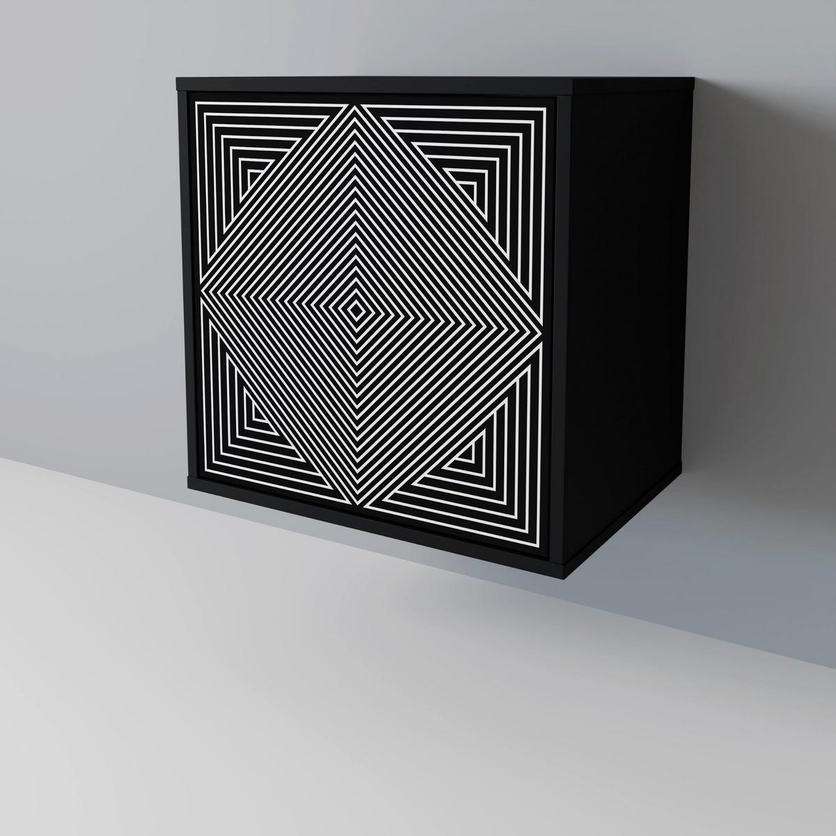 SIDEBOARD POLYGON ILLUSION, Schwarz, 57,5x42x67,5 cm, Schwarze Metall-Rahmenfüße - Multicolor/Schwarz, Holzwerkstoff/Metall (57.5/67.5/42cm) - SpaceRebels