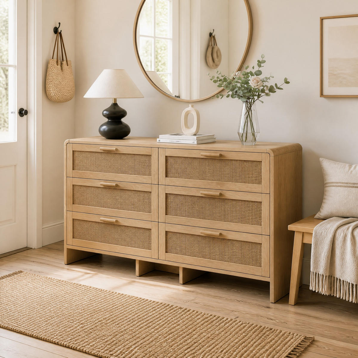 SIDEBOARD mit 6 Rattanschubladen und Bogenform Natur 130 cm - Naturfarben, Holzwerkstoff (130/74/40cm) - EVRYAE