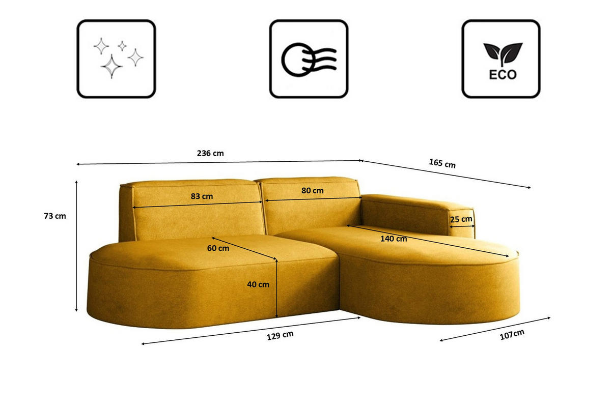 ECKSOFA Modena Modern Und Komfort Velours Stoff Salvador Rechts Gelb - Gelb, Holz/Textil (236/165cm) - Kaiser Möbel