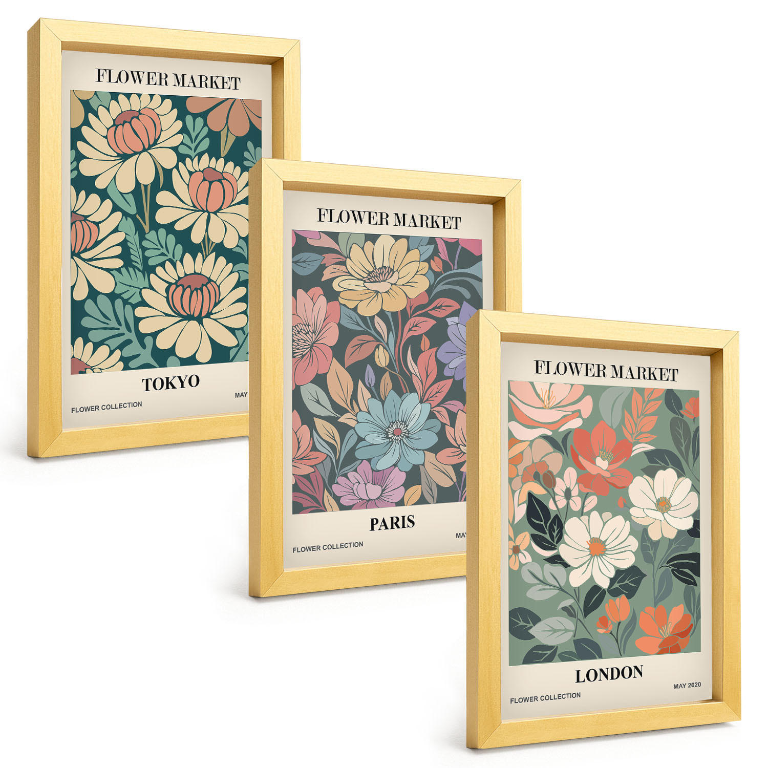 BILDER SET 3er Set - 20x30 cm Goldrahmen - Blumenposter Tokio Paris London - Goldfarben, Kunststoff (20/30cm) - TULUP