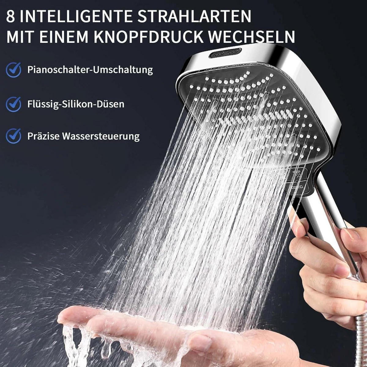 HANDBRAUSE quadratisch mit 8 Strahlarten silber - Silberfarben, Metall (12/12.7/26cm)