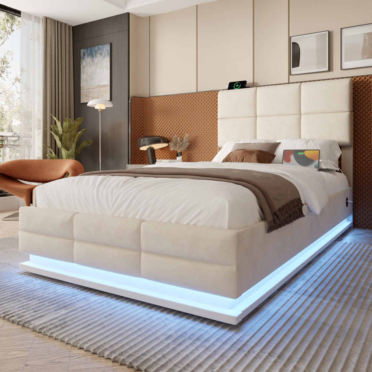 POLSTERBETT 90/200 cm in Beige Samt mit Bettkasten, LED und USB - Beige, Holzwerkstoff/Textil (90/200cm) - WISHDOR