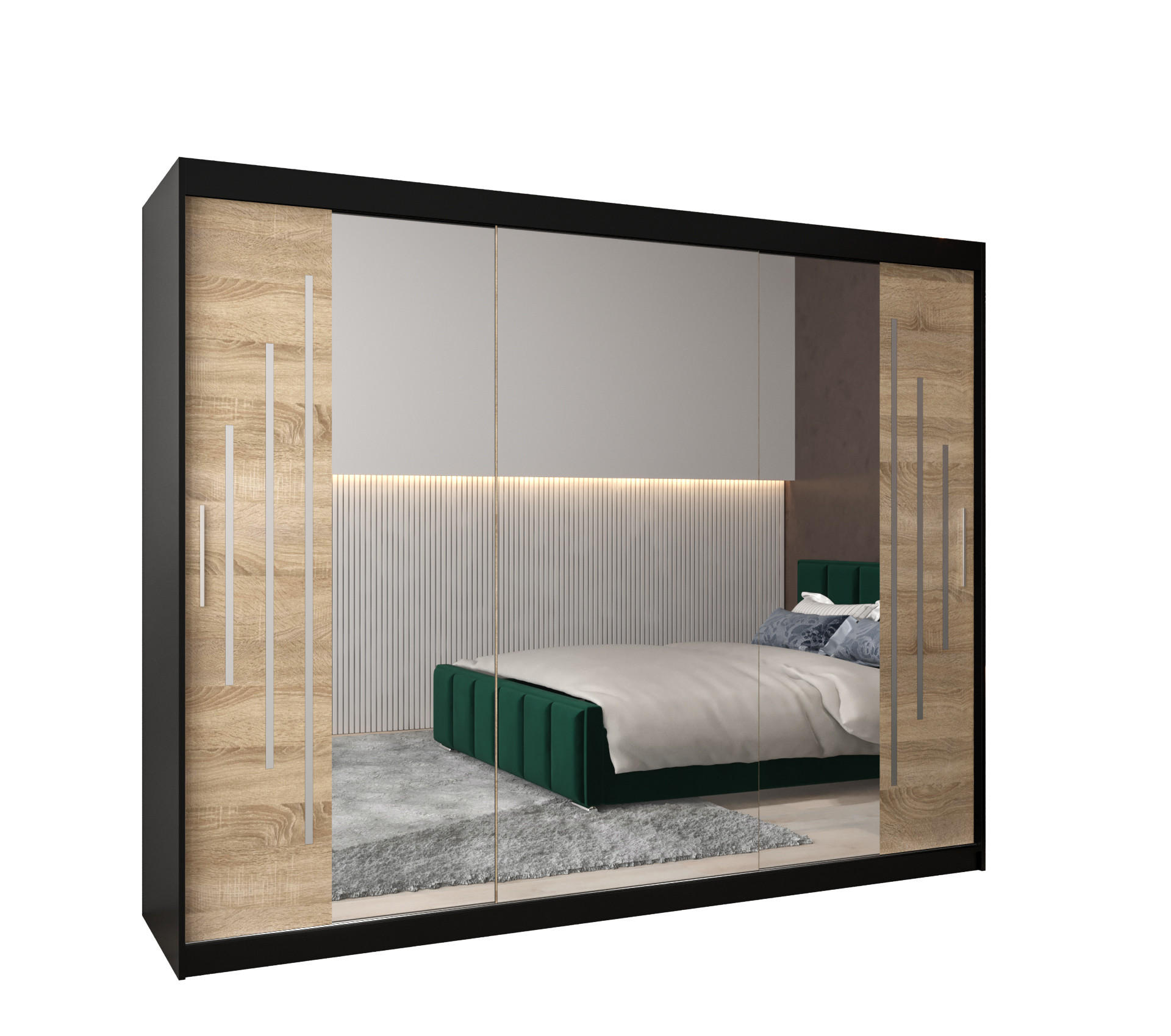 Abiks Möbel Schwebetürenschrank Schwarz, Sonoma Eiche 250x200x62 cm